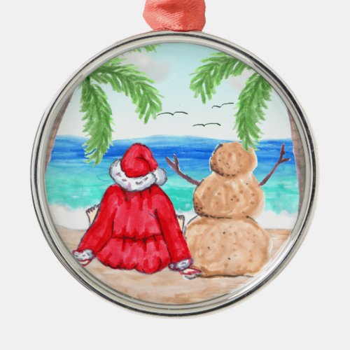 Merry Christmas Santa and Snowman on Beach Metal Ornament