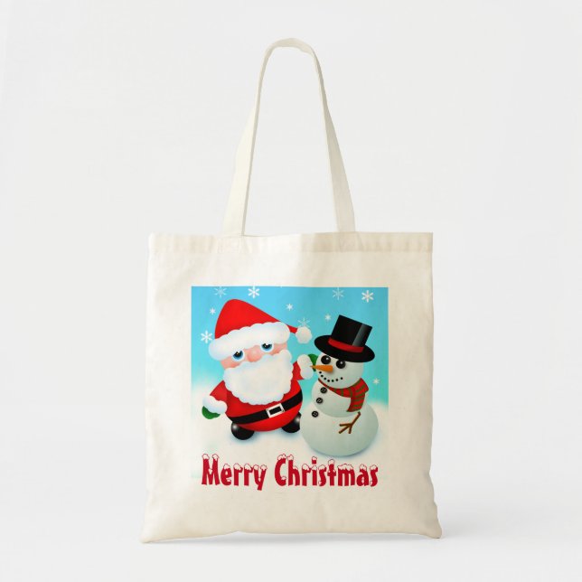 Merry Christmas, Santa and Snowman Tote Bag (Front)
