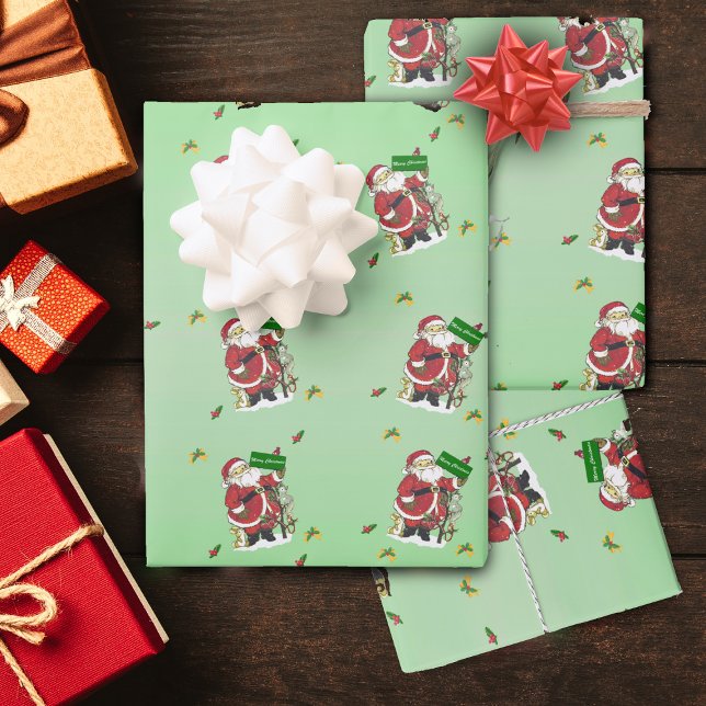 Merry Christmas Santa Animals Tree Bows Green Wrapping Paper Sheets (Santa Claus With little animals Birds decorated tree holly leaves on green wrapping paper sheets.)
