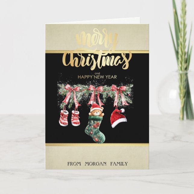 Merry Christmas,Santa Bear Christmas Clothesline Holiday Card (Front)