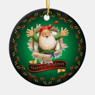 Merry Christmas ~ Santa Breaking Through ~ Ceramic Ceramic Ornament