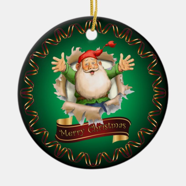 Merry Christmas ~ Santa Breaking Through ~ Ceramic Ceramic Ornament (Front)