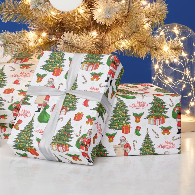 Merry Christmas Santa Checking His List Xmas Trees Wrapping Paper (Holidays)