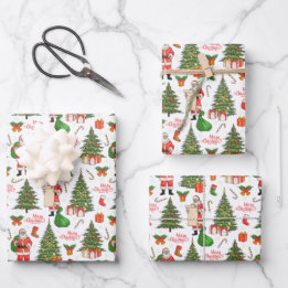 Merry Christmas Santa Checking His List Xmas Trees Wrapping Paper Sheets