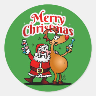 Merry Christmas - Santa Claus and his Reindeer Classic Round Sticker