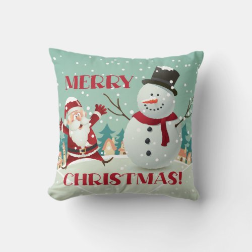 Merry Christmas Santa Claus and Snowman Throw Pillow