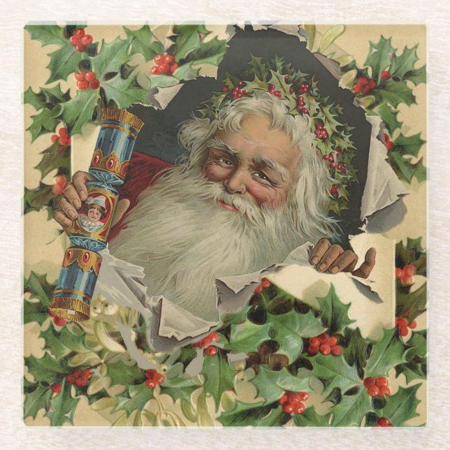 Merry Christmas Santa Claus Antique classic Glass Coaster (Front)