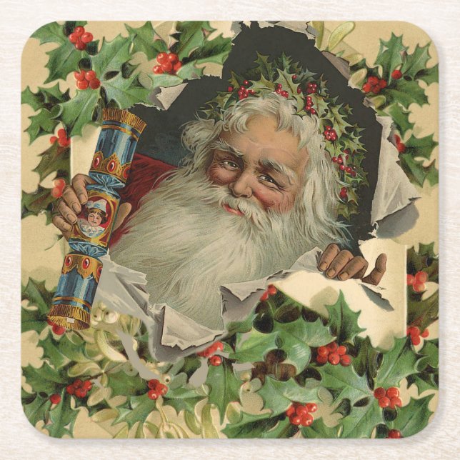Merry Christmas Santa Claus Antique classic Square Paper Coaster (Front)