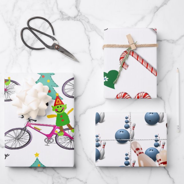 Merry Christmas Santa Claus Bowling Noel Snowman Wrapping Paper Sheets (Front)