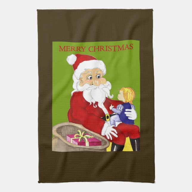 Merry Christmas Santa Claus & Child ktichen towel (Vertical)