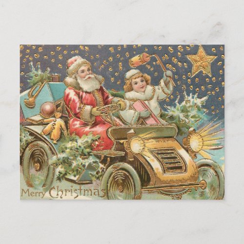 Merry Christmas Santa Claus Driving Vintage Car  Postcard