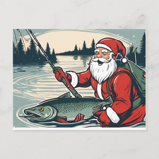 Merry Christmas Santa Claus Fishing Fishmas Fish Holiday Postcard (Front)