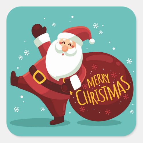 Merry Christmas Santa Claus Holding Sack of Gifts Square Sticker