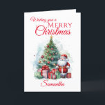 Merry Christmas Santa Claus  Holiday Card<br><div class="desc">A beautiful festive Holiday Season Christmas card comprising of an cartoon illustration of Father Christmas ( santa) a decorated fir tree and wrapped boxed gifts. All text can be customized , then personalize with a name . The message inside can also be amended / added to . A lovely card...</div>
