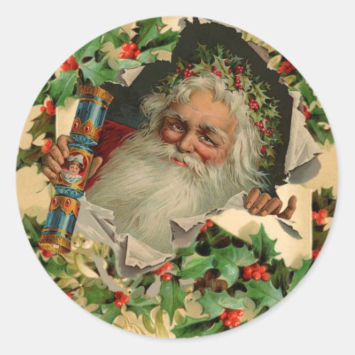 Merry Christmas Santa Claus Holly Classic Round Sticker