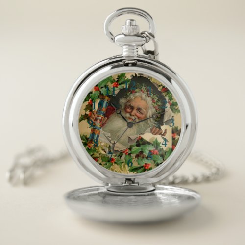 Merry Christmas Santa Claus Holly Pocket Watch