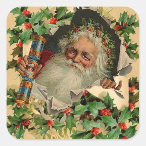 Merry Christmas Santa Claus Holly Square Sticker