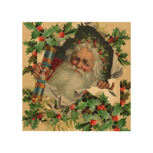 Merry Christmas Santa Claus Holly Wood Wall Art