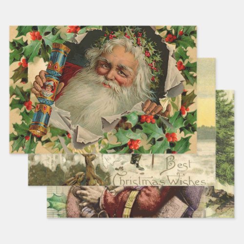 Merry Christmas Santa Claus Holly Wrapping Paper Sheets