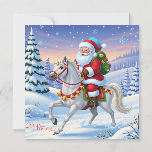 Merry Christmas Santa Claus on White Horse  Holiday Card (Front)