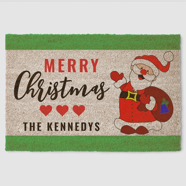 Merry Christmas Santa Claus Personalized Entryway  Fiber Doormat (Front)