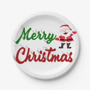 Merry Christmas Santa Claus red green script Paper Plates