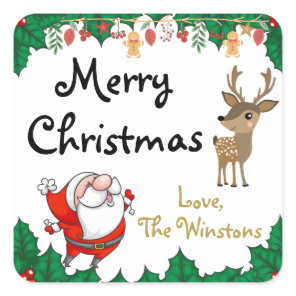 Merry Christmas Santa Claus Reindeer Holiday Square Sticker