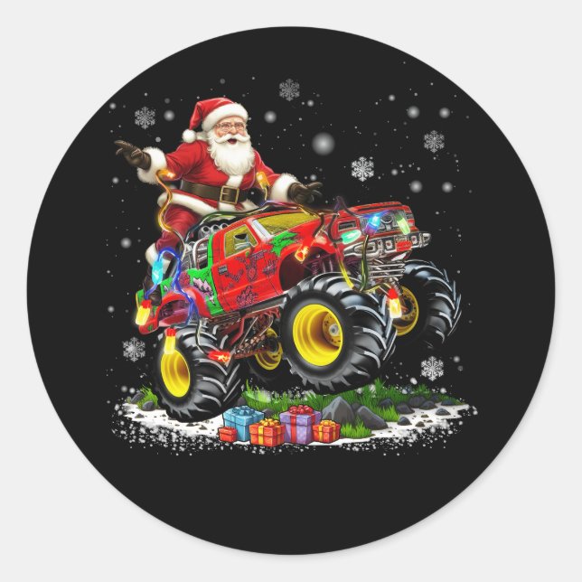 Merry Christmas Santa Claus Riding Monster Truck F Classic Round Sticker (Front)