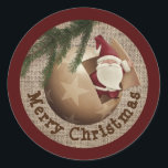 Merry Christmas Santa Claus Round Stickers<br><div class="desc">Merry Christmas Text with Santa Claus with Pine Branches on Burlap Fabric Photo</div>