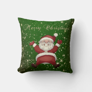 Merry Christmas,Santa Claus,Sparkles,Green Throw Pillow