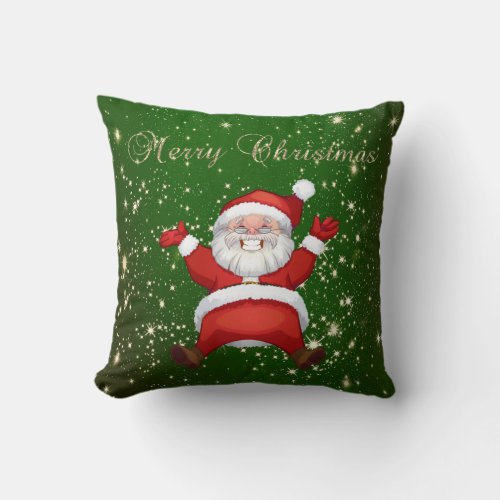 Merry ChristmasSanta ClausSparklesGreen Throw Pillow