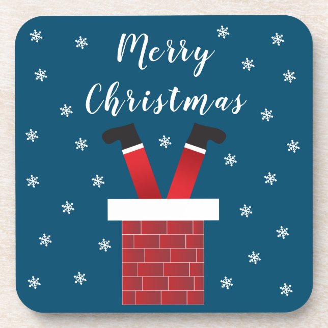 Merry Christmas Santa Claus Stuck In A Chimney Beverage Coaster (Front)
