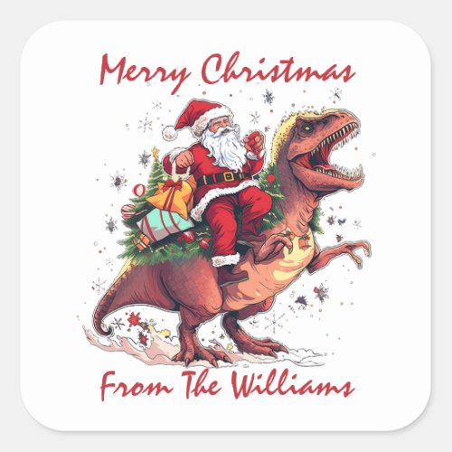 Merry Christmas Santa Claus Tyrannosaurus T_Rex Square Sticker