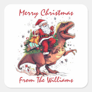 Merry Christmas Santa Claus Tyrannosaurus T-Rex Square Sticker