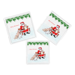 Merry Christmas - Santa Claus with Cat and Dog Acrylic Tray