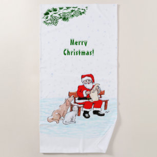 Merry Christmas! Santa Claus with Cat and Dog Beach Towel