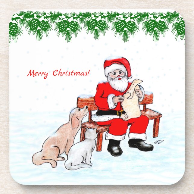 Merry Christmas - Santa Claus with Cat and Dog Beverage Coaster (Front)