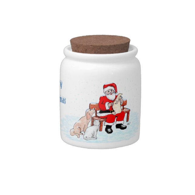 Merry Christmas - Santa Claus with Cat and Dog Candy Jar (Right)