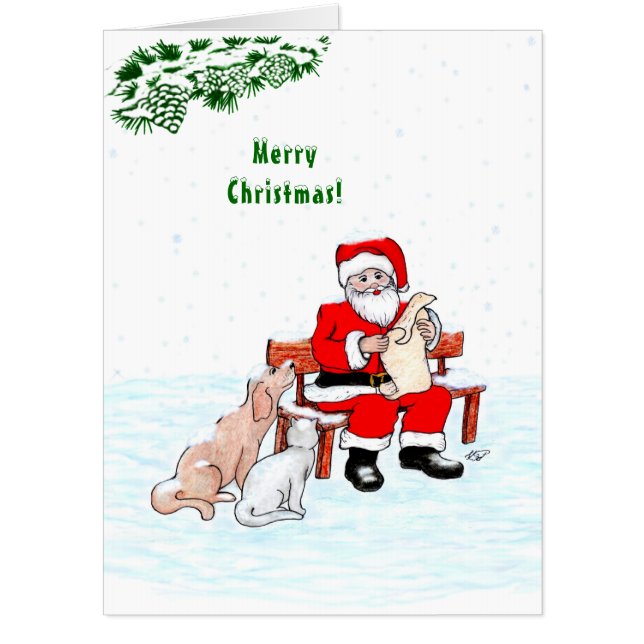 Merry Christmas! Santa Claus with Cat and Dog Card (Front)