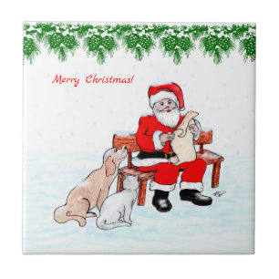 Merry Christmas - Santa Claus with Cat and Dog Ceramic Tile