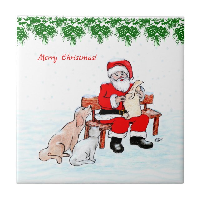 Merry Christmas - Santa Claus with Cat and Dog Ceramic Tile (Front)