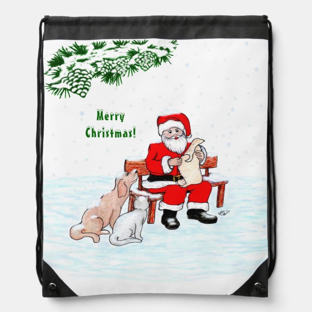 Merry Christmas! Santa Claus with Cat and Dog Drawstring Bag (Front)