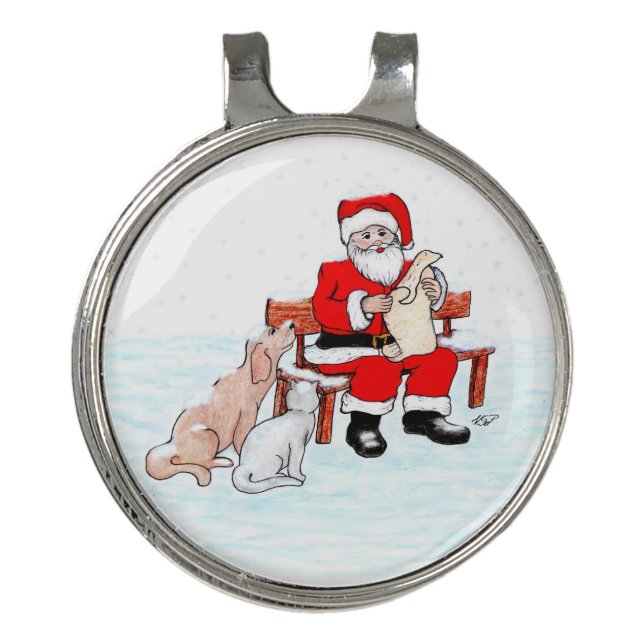 Merry Christmas! Santa Claus with Cat and Dog Golf Hat Clip (Front)