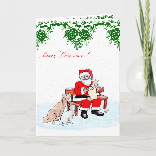 Merry Christmas - Santa Claus with Cat and Dog Holiday Card (Front)