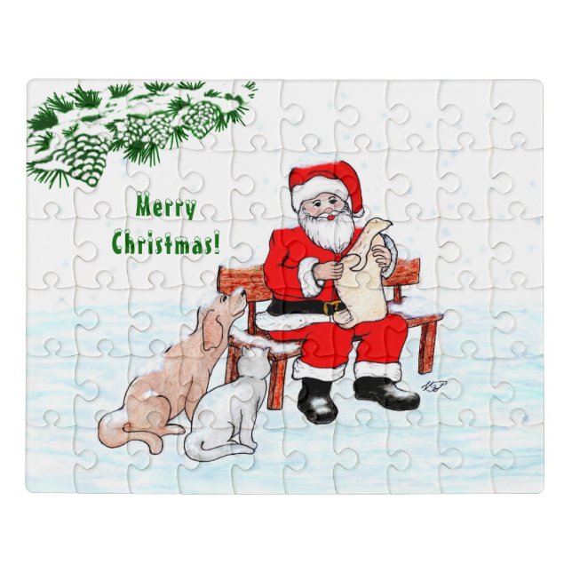 Merry Christmas! Santa Claus with Cat and Dog Jigsaw Puzzle (Puzzle Horizontal)