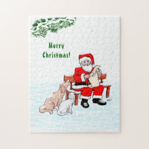 Merry Christmas! Santa Claus with Cat and Dog Jigsaw Puzzle
