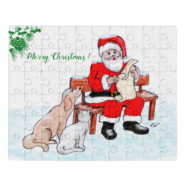 Merry Christmas - Santa Claus with Cat and Dog Jigsaw Puzzle (Puzzle Horizontal)