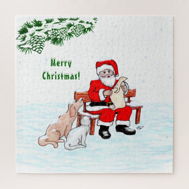 Merry Christmas! Santa Claus with Cat and Dog Jigsaw Puzzle (Vertical)