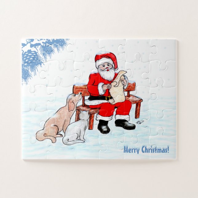 Merry Christmas - Santa Claus with Cat and Dog Jigsaw Puzzle (Horizontal)