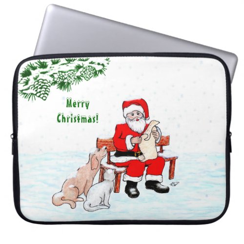 Merry Christmas Santa Claus with Cat and Dog Laptop Sleeve